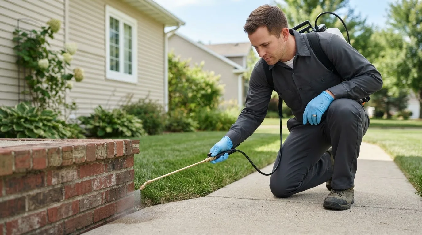 Pest control technician treating a home near Lambrook, AR